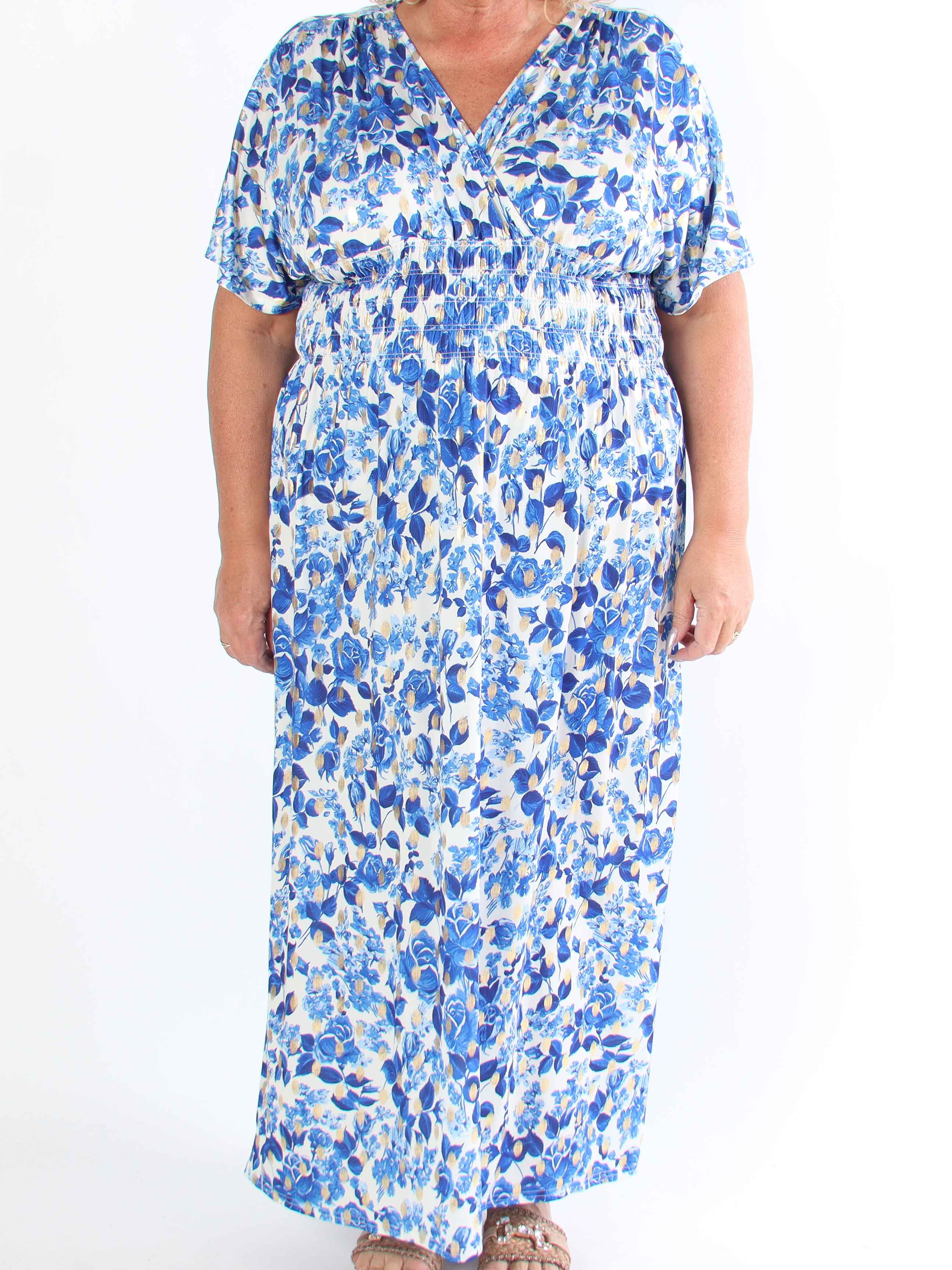 Pams Small Rose - Plus size-klänning med blommigt tryck och gulddetaljer